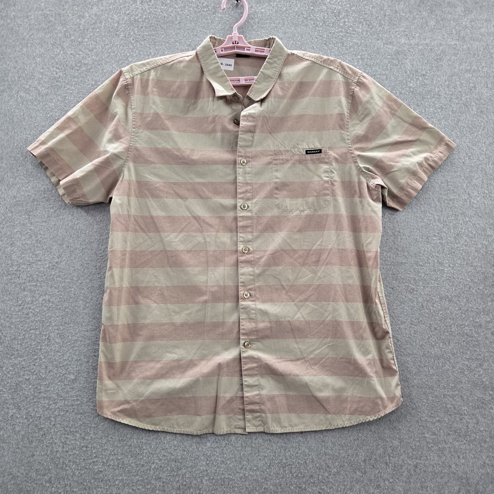 Oakley Men Button Up Shirt XL Beige Striped Short Sleeve